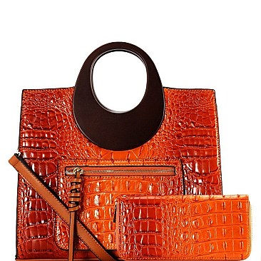 Wooden Handle Crocodile Print Satchel Wallet SET