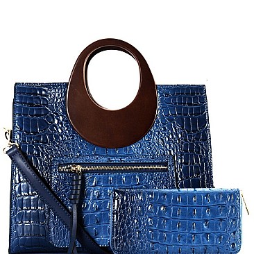 Wooden Handle Crocodile Print Satchel Wallet SET