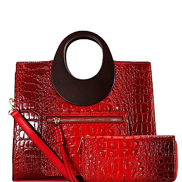 Wooden Handle Crocodile Print Satchel Wallet SET