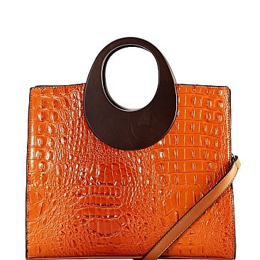 Wooden Handle Crocodile Print Satchel Wallet SET