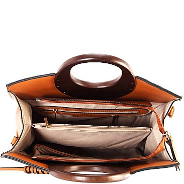 Wooden Handle Crocodile Print Satchel Wallet SET