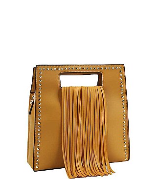 FASHIONABLE TEXTURED PU LEATHER STUDDED AND TASSEL SQUARE SATCHEL  JYD-0496