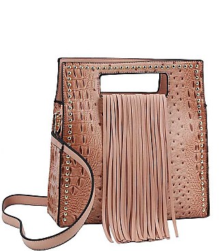 FASHIONABLE TEXTURED PU LEATHER STUDDED AND TASSEL CROCO SATCHEL JYD-0497