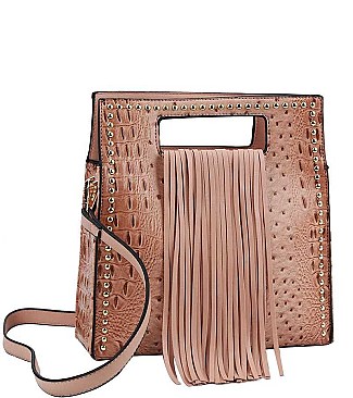 FASHIONABLE TEXTURED PU LEATHER STUDDED AND TASSEL CROCO SATCHEL JYD-0497