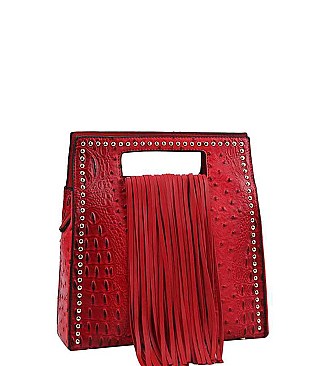 FASHIONABLE TEXTURED PU LEATHER STUDDED AND TASSEL CROCO SATCHEL JYD-0497