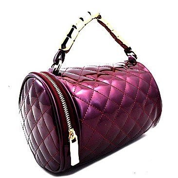 Metal Handle Quilted Patent Round Shape Satchel