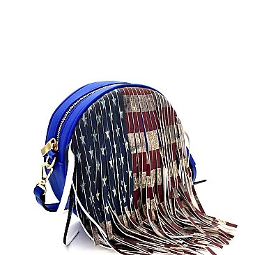 Vintage American Flag Print Rhinestone Western Fringed Round Cross Body MH-D0311