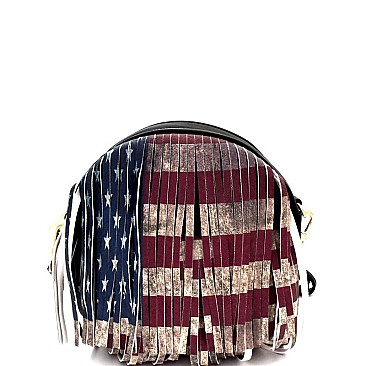 Vintage American Flag Print Rhinestone Western Fringed Round Cross Body MH-D0311