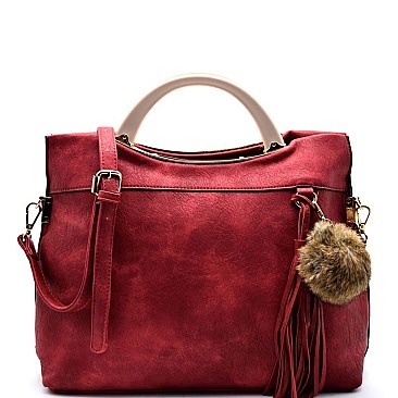 Pom Pom and Tassel Accent Fashion Satchel