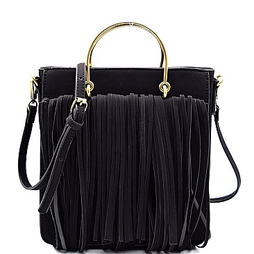 Layered Fringe Metal Brass Handle Satchel