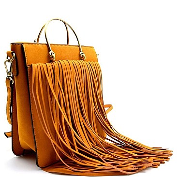 Layered Fringe Metal Brass Handle Satchel