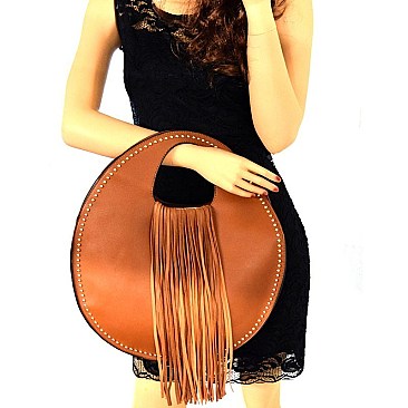 D03371-LP Stud Embellished Fringed Round Satchel