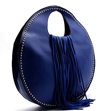 Stud Embellished Fringed Circle Satchel