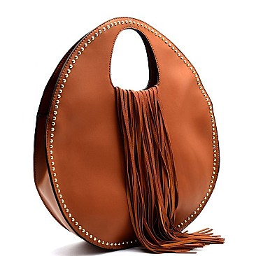 Stud Embellished Fringed Circle Satchel