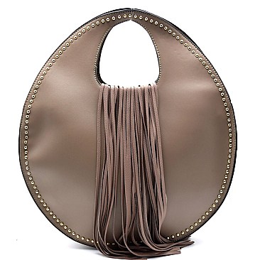 Stud Embellished Fringed Circle Satchel