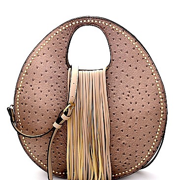 D0406-LP Ostrich Print Embossed Fringed Round Satchel