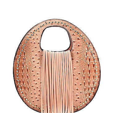 Fringe Accent Ostrich Print Cut-out Handle 2-Way Medium Satchel MH-D0495
