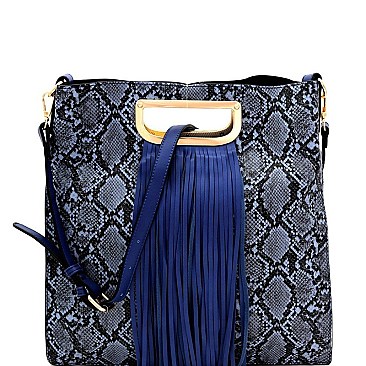 SNAKE PRINT FRINGE ACCENT TWO-WAY SATCHEL