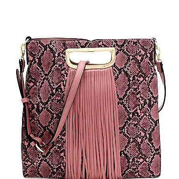 SNAKE PRINT FRINGE ACCENT TWO-WAY SATCHEL