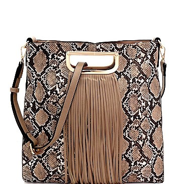 SNAKE PRINT FRINGE ACCENT TWO-WAY SATCHEL