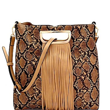 SNAKE PRINT FRINGE ACCENT TWO-WAY SATCHEL