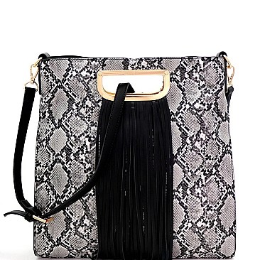 SNAKE PRINT FRINGE ACCENT TWO-WAY SATCHEL