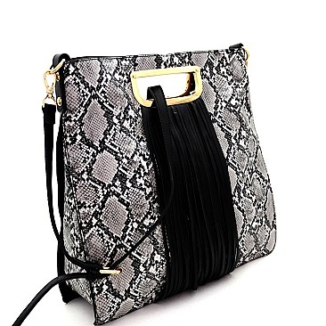 SNAKE PRINT FRINGE ACCENT TWO-WAY SATCHEL