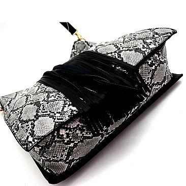 SNAKE PRINT FRINGE ACCENT TWO-WAY SATCHEL