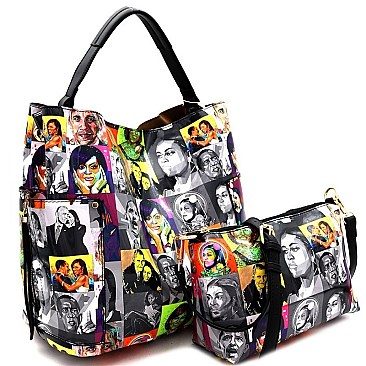 2 in 1 Pop Art Magazine Print Side Pocket Hobo Bag