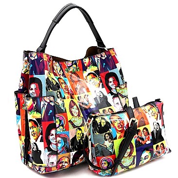 2 in 1 Pop Art Magazine Print Side Pocket Hobo Bag