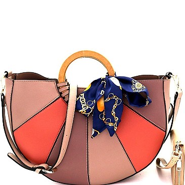 Wooden Handle Color Block Satchel Wallet SET MH-DB7143W