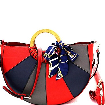 Wooden Handle Color Block Satchel Wallet SET MH-DB7143W