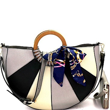 Wooden Handle Color Block Satchel Wallet SET MH-DB7143W