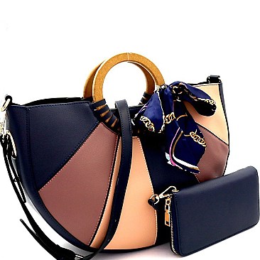 Wooden Handle Color Block Satchel Wallet SET MH-DB7143W