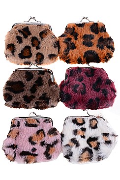 PACK OF 12 ASSORTED COLOR LEOPARD PRINT FAUX FUR COIN PURSE