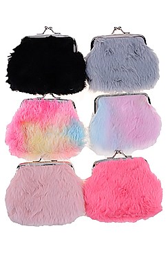 PACK OF 12 TRENDY ASSORTED COLOR FAUX FUR COIN PURSE