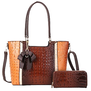 2 IN 1 RIBBON ACCENT ALLIGATOR SATCHEL WALLET SET