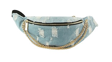 Frayed Denim Chain Embellished Fanny Pack