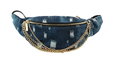 Frayed Denim Chain Embellished Fanny Pack