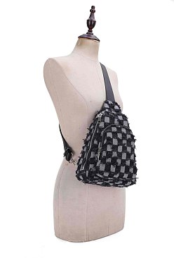 Distressed Checkered Denim Sling Bag