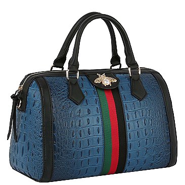 Croc Alligator Queen Bee Stripe Boston Bag Satchel