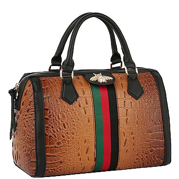 Croc Alligator Queen Bee Stripe Boston Bag Satchel