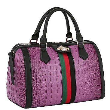 Croc Alligator Queen Bee Stripe Boston Bag Satchel