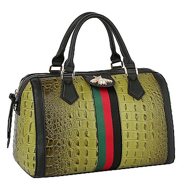 Croc Alligator Queen Bee Stripe Boston Bag Satchel