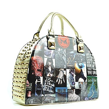 Magazine Print Rhinestone Stud Spike Round Tote