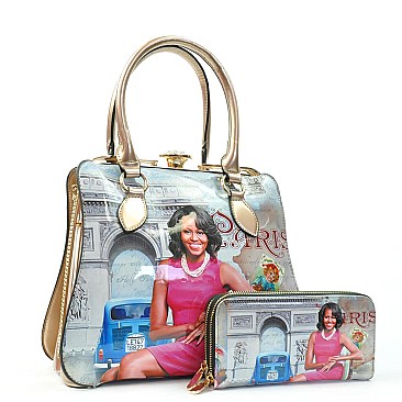 Michelle Obama Rhinestone Closure Satchel & Wallet Set Handbag