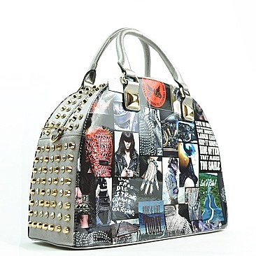 Magazine Print Rhinestone Stud Spike Round Tote