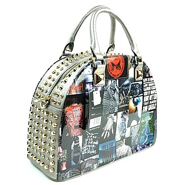 Magazine Print Rhinestone Stud Spike Round Tote