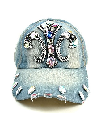 BIG RHINESTONE FLEUR DE LIS VINTAGE DENIM CAP