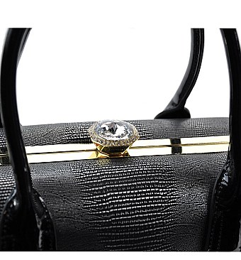 Genuine Snake Print Embossed Jewel-top Boxy Shape Satchel